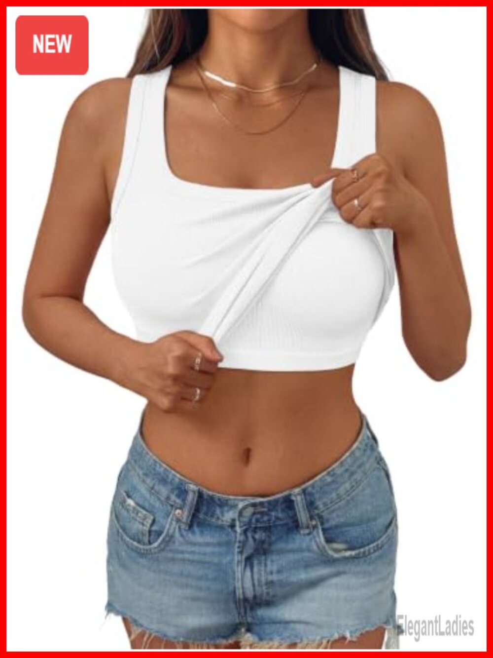 Ribbed Tank Top Built in Bra Scoop Neck Sleeveless Basic Top